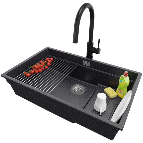 PRIMAGRAN Granitspüle Anthrazit 76x47cm, Spülbecken 1 Becken + Küchenarmatur 40x20cm + Ablauf-Set + Aufrollbare Abtropffläche, Küchenspüle ab 80er Unterschrank - Praga Slim