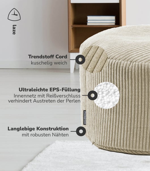 mokebo Pouf oder Sitzhocker aus Cord 'Der Faule Lenz', Fußhocker in Beige mit EPS-Perlen Füllung
