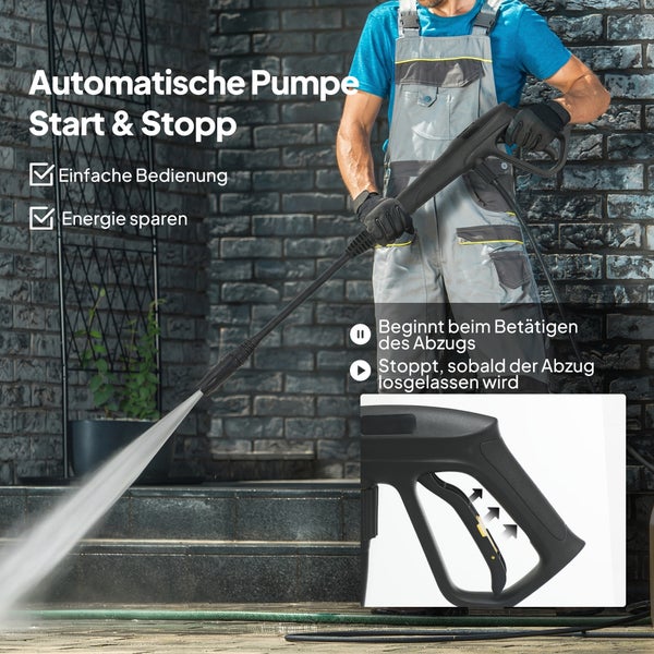 Hochdruckreiniger mit automatischer Start-Stopp-Pumpe, einfache Bedienung am Handgriff zur Energieeinsparung.