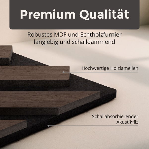 Akustikpaneel Detailansicht mit hochwertigen Holzlamellen aus MDF und Echtholzfurnier auf schallabsorbierendem Akustikfilz.