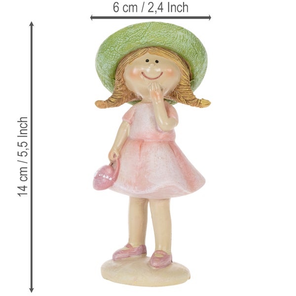 Dekofigur Mädchen mit grünem Hut und rosa Kleid, Höhe 14 Zentimeter, Breite 6 Zentimeter.