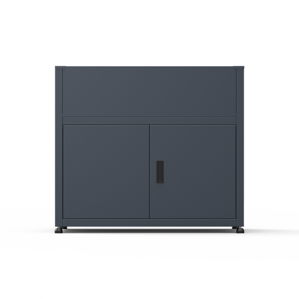 Außenküchen-Unterschrank aus Metall in Anthrazit mit zwei Türen und Griffmulde.