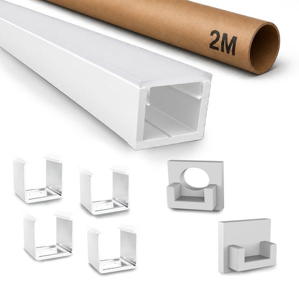 LED Aluminiumprofil Set mit Abdeckung, Befestigungsklammern und Endkappen, zwei Meter Länge, zur Montage von LED Streifen.