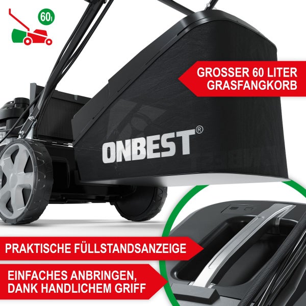 Onbest Logo auf einem Rasenmäher-Grasfangkorb mit 60 Liter Fassungsvermögen, Füllstandsanzeige und praktischem Tragegriff.