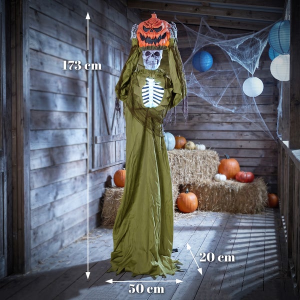 Animierte Halloween Skelett Figur mit Kürbiskopf und LED Beleuchtung, 173 Zentimeter hoch, zur Dekoration für Innen und überdachte Außenbereiche.