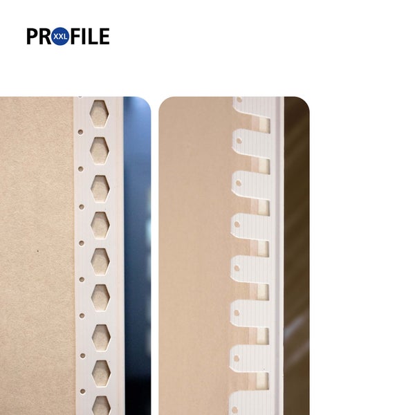 Profile XXL Logo und Details von Eckschutzprofilen aus Kunststoff für den Trockenbau mit Sechskantlochung und rechteckiger Lochung.