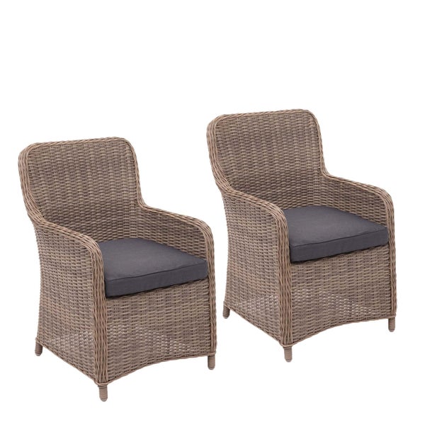 Set aus zwei Gartenstühlen aus Polyrattan-Geflecht mit Sitzkissen.