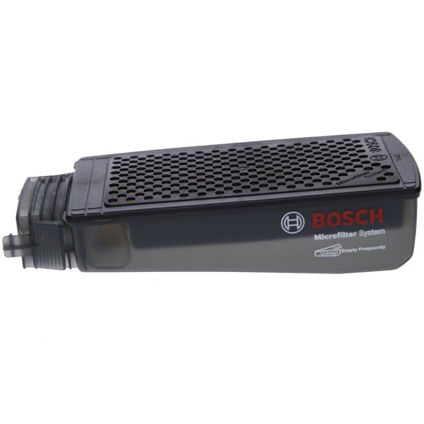 Bosch Logo. Bosch Microfilter System Staubbox aus Kunststoff für Schleifgeräte mit Hinweis zur häufigen Entleerung.
