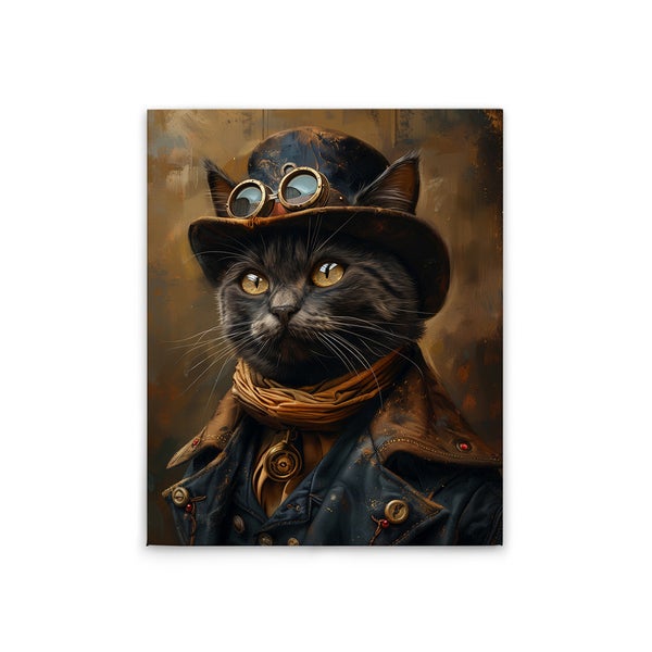 Gemälde einer Katze im Steampunk-Stil mit Hut, Brille, Schal und Jacke