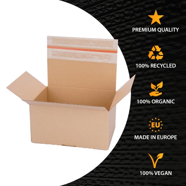 Versandkarton mit Selbstklebestreifen, Premium Qualität, 100 Prozent recycelt, 100 Prozent organisch, hergestellt in Europa, 100 Prozent vegan.