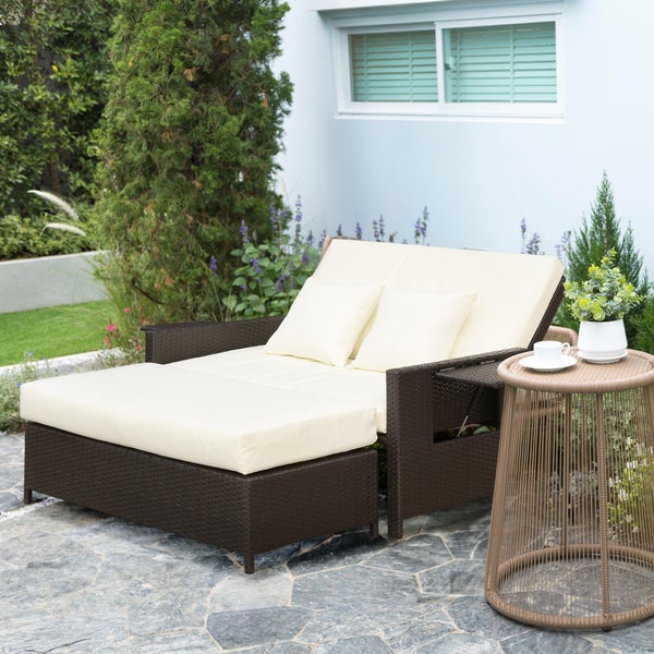 Outsunny Polyrattan Lounge-Sofa Zweisitzer-Gartensofa mit Liegefunktion, Gartenliege in Rattanoptik, ausfahrbare Fußbank mit Stauraum, mit Sitzkissen, Braun+Creme, 130 x 72 x 96 cm
