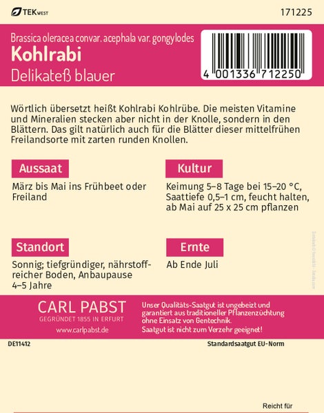 Rückseite der Samentüte für Kohlrabi Delikateß blauer mit Anbauhinweisen zu Aussaat, Kultur, Standort und Ernte, Tekwest Logo und Carl Pabst Logo.
