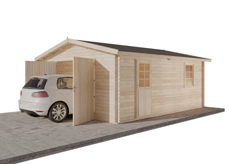 Holzgarage mit Doppeltür und Nebentür neben einem Auto