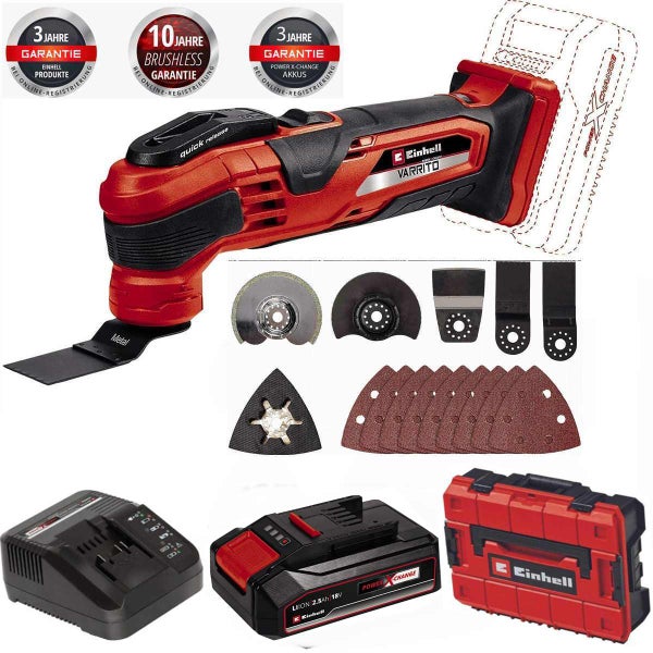 Einhell Akku Multifunktionswerkzeug Varrito mit Zubehör, Ladegerät, Akku und Koffer sowie Herstellergarantiehinweisen.