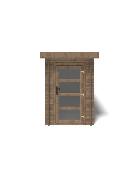 Gartenhaus aus Holz mit einer Einzeltür mit vier Lichtausschnitten und Flachdach