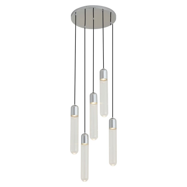 Fünfflammige LED Pendelleuchte mit zylindrischen Rillenglasschirmen und Deckenbefestigung für eine moderne Wohnraumbeleuchtung
