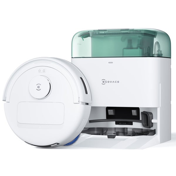 Ecovacs Logo auf einem weißen Saugroboter mit Reinigungsstation