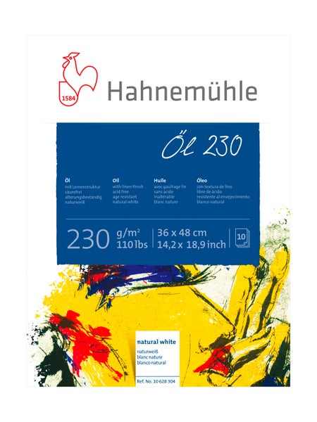 Hahnemühle Ölmalblock Öl 230, 10 Blatt naturweißes säurefreies Papier mit Leinenstruktur, 230 Gramm pro Quadratmeter, Format 36 mal 48 Zentimeter.