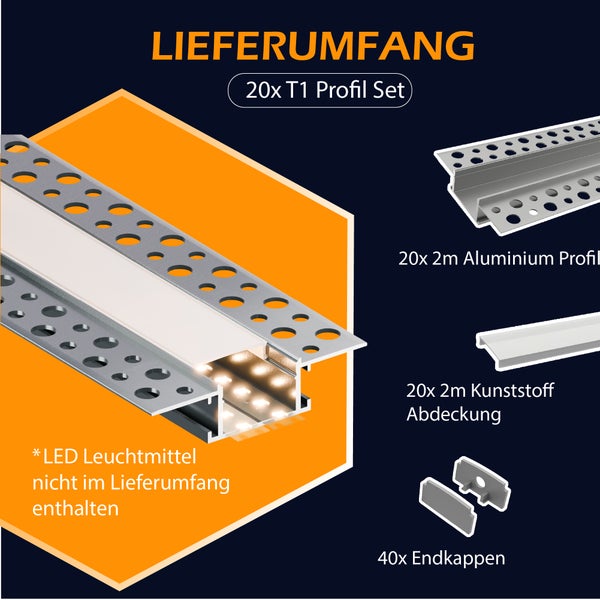 Set mit 20 Aluminium LED Profilen, Abdeckungen und Endkappen für den Trockenbau, ohne Leuchtmittel.