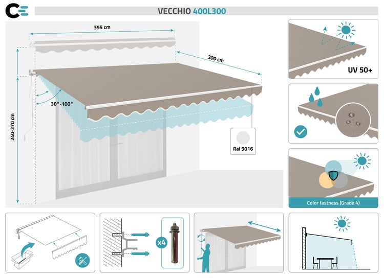 Vecchio Gelenkarmmarkise 400L300 mit Maßen, UV-Schutz 50 plus, Farbechtheit Grad 4 und RAL 9016