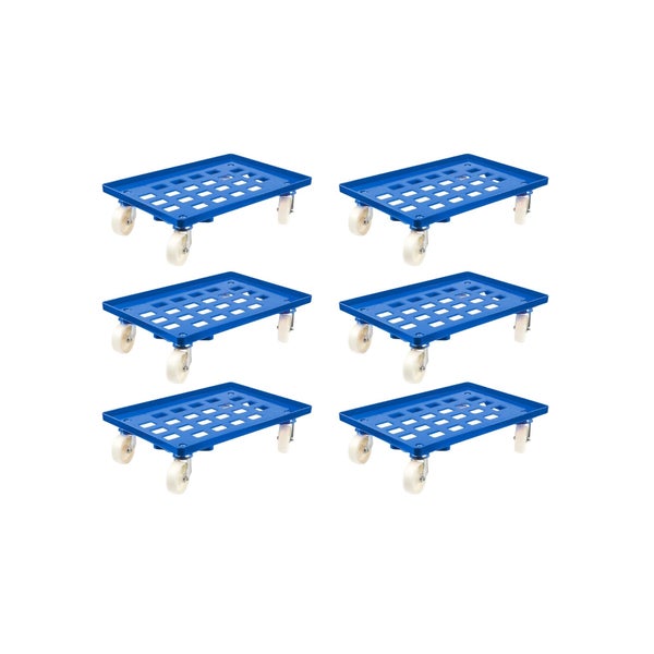 PROREGAL SparSet 6x Transportroller für Euroboxen 60 x 40 cm mit Kunststoffräder Blau Gitter/Rasterdeck 2 Lenkrollen und 2 Bremsrollen 300 kg