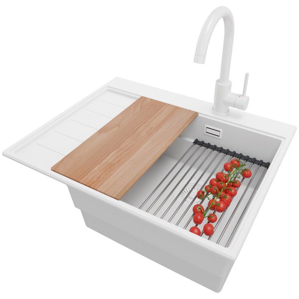 PRIMAGRAN Granitspüle Alles Weiß 62x50cm, Spülbecken 1 Becken + Küchenarmatur 32x20cm + Ablauf-Set + Küchenzubehörset, Küchenspüle ab 45er Unterschrank - Sydney