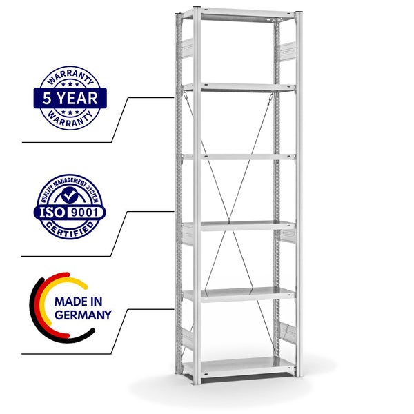 PROREGAL Fachbodenregal Stecksystem T-Profil Medium-Duty Grundregal HxBxT 250 x 75 x 30 cm 6 Ebenen Fachlast 220 kg Einseitig Nutzbar Lichtgrau