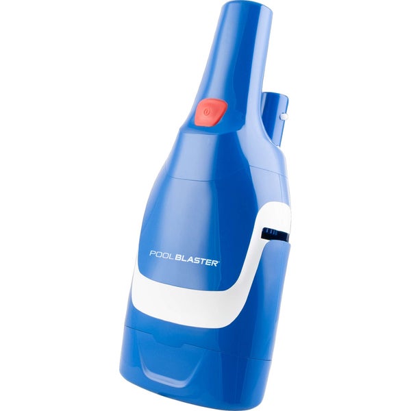 Pool Blaster Akku-Poolsauger in Blau und Weiß mit rotem Einschaltknopf.