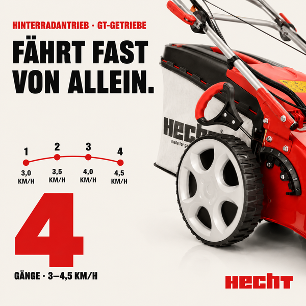 Hecht Rasenmäher mit Hinterradantrieb und GT-Getriebe, vier Gänge von 3 bis 4,5 Kilometer pro Stunde.