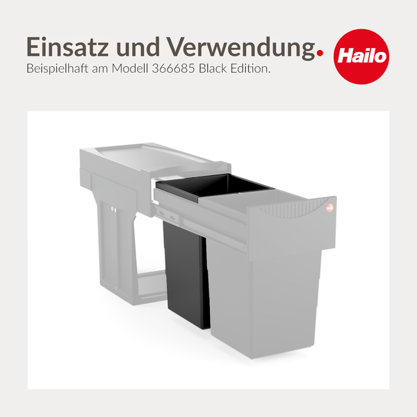 Hailo Mülltrennsystem zum Ausziehen, Beispielmodell 366685 Black Edition, mit zwei Abfalleimern, Hailo Logo.