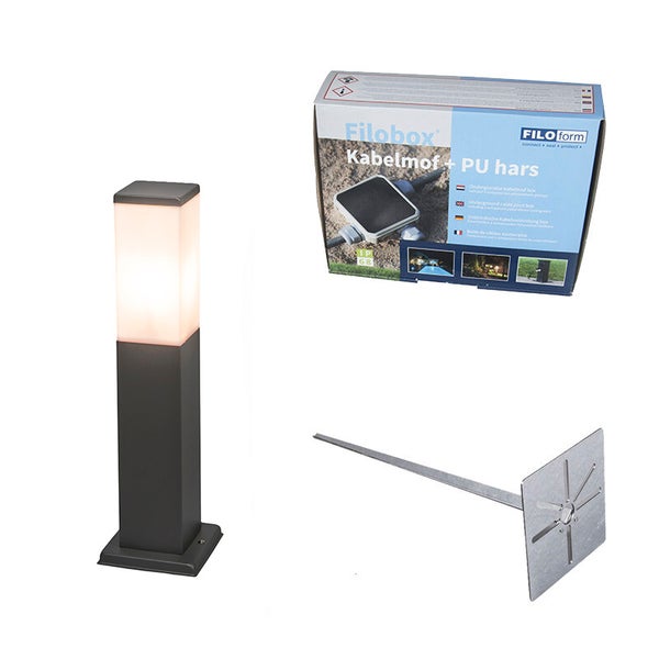 Moderne Sockelleuchte in Anthrazit mit Erdspieß und wasserdichtem Filobox Kabelverbindungs-Set inklusive Polyurethan-Harz.