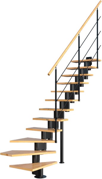 HandyStairs zentrale Baumtreppe New York mit Vierteldrehung – 80 cm breit – 12 Buchenstufen (40 mm) für Höhe 345 cm – schwarzes Metall