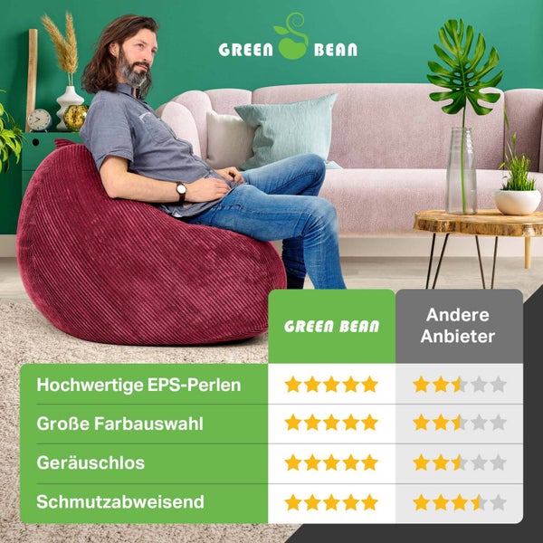 Green Bean Indoor Sitzsack 90x110cm EPS-Perlen Füllung & Cordstoff Kuschelig Weich Waschbar - Drinnen Bodenkissen Liegekissen Sitzkissen Sitzhocker Relax-Sessel Kinder Erwachsene Stoff Rot