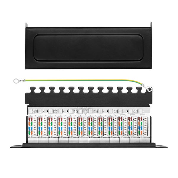 12-Port Kategorie 6A Patchpanel mit LSA-Anschlusstechnik, geschirmtes Metallgehäuse inklusive Erdungskabel.