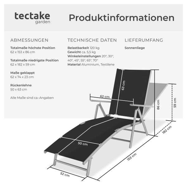 Gartenliege tectake Marisol 182 x 62 x 59 cm klappbar schwarz/silber