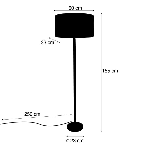 Schematische Darstellung einer Stehlampe mit Maßen für Höhe, Schirmdurchmesser, Schirmtiefe, Fußdurchmesser und Kabellänge.