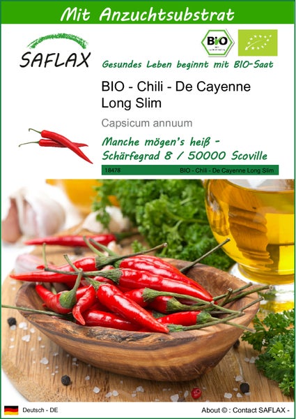SAFLAX  - BIO - Chili - De Cayenne Long Slim - Capsicum annuum - 10 Samen - Mit keimfreiem Anzuchtsubstrat