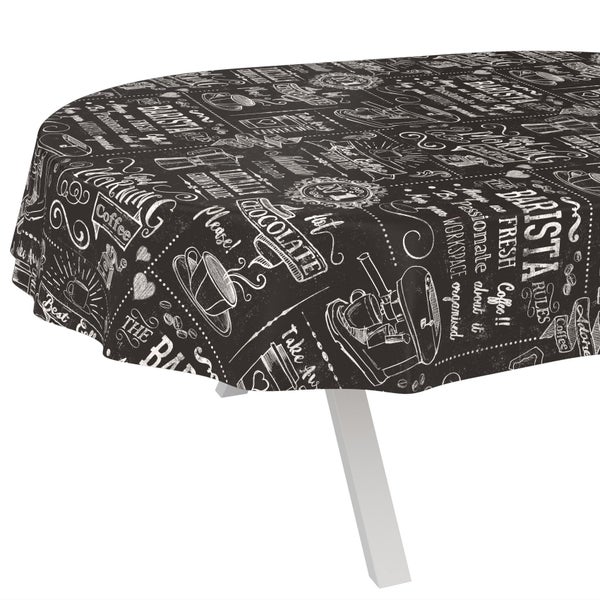 Ovale Tischdecke mit Kaffee-Motiven und Schriftzügen im Kreide-Design.