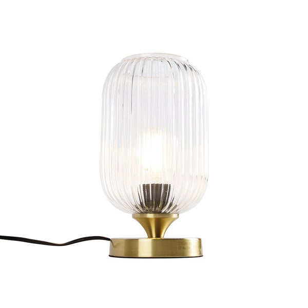 Tischleuchte mit geriffeltem Glas und metallenem Lampenfuß