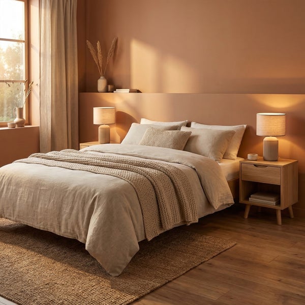 Modernes, helles Schlafzimmer mit Doppelbett, strukturiertem Bettzeug, Nachttischen aus Holz mit Tischlampen, gewebtem Teppich und Vorhängen.