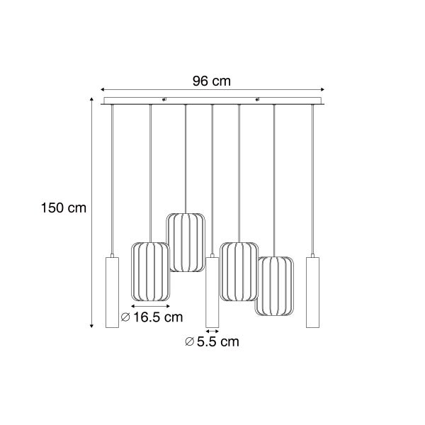 Maßzeichnung einer Pendelleuchte mit Breite 96 Zentimeter, Höhe 150 Zentimeter und Schirmdurchmessern von 16,5 und 5,5 Zentimeter.