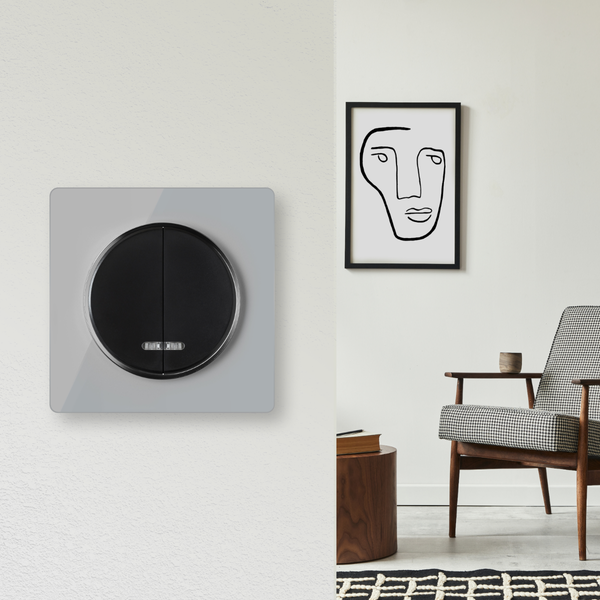 Moderner Doppellichtschalter mit quadratischem Rahmen und rundem Einsatz, montiert an einer Wand in einem elegant eingerichteten Wohnraum.