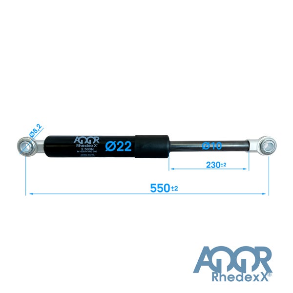 AGQR RhedexX Gasdruckfeder, 2500 Newton, Gesamtlänge 550 Millimeter, Hub 230 Millimeter, Zylinderdurchmesser 22 Millimeter, AGQR RhedexX Logo.