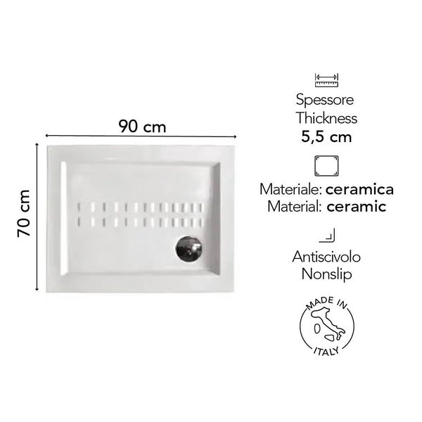 Duschwanne aus Keramik, 90 mal 70 Zentimeter, Höhe 5,5 Zentimeter, rutschhemmend, hergestellt in Italien.