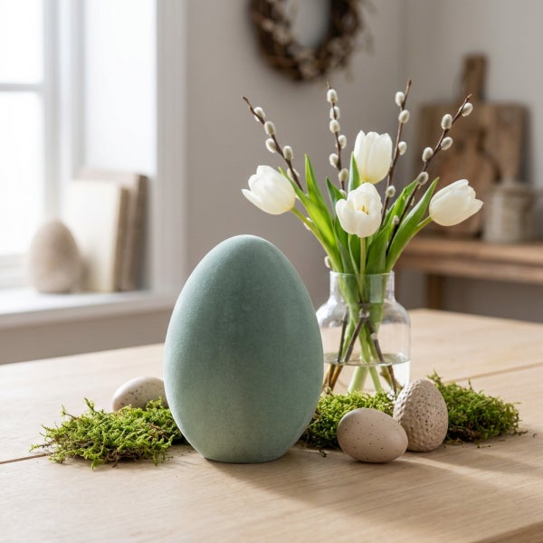 Osterdekoration mit einem großen beflockten Osterei, kleineren Eiern, Moos und einem Strauß weißer Tulpen in einer Glasvase auf einem Holztisch.