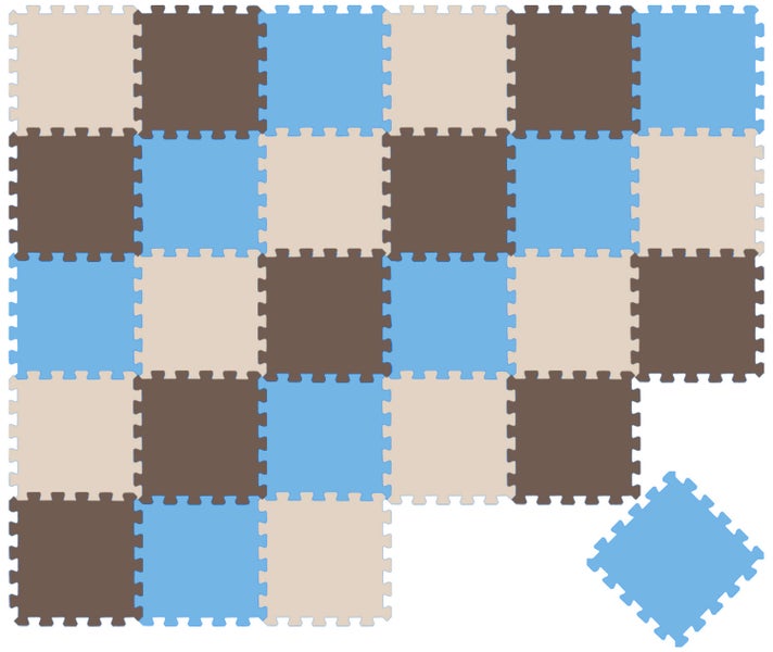 Ineinandergreifende Puzzlematte aus Schaumstoff in Blau, Braun und Beige als Spielmatte oder Bodenschutz.