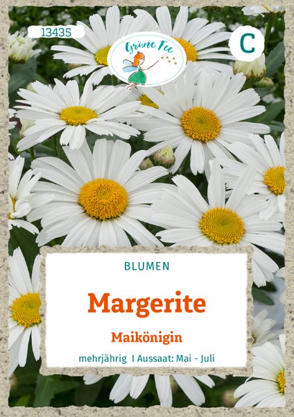 Samentüte für Margeriten der Sorte Maikönigin mit Grüne Fee Logo, mehrjährig, Aussaat von Mai bis Juli.