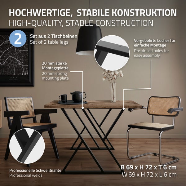 ML-Design 2 Stück Tischbeine 69xH72cm, Tischkufen X-Form, aus Stahl pulverbeschichtet, Schwarz, Industriedesign, Kufengestell für Esstisch/Schreibtisch, Tischgestell, Metall Möbelfüße für DIY-Projekte