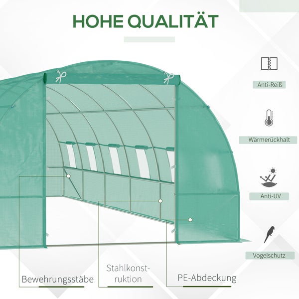 Outsunny Gewächshaus 800x300x200cm Foliengewächshaus Tomatenhaus Tür mit Moskitonetz, Fenster, Folientunnel aus verzinktem Stahl, stabiles Pflanztunnel, Treibhaus inkl. Erdanker Seilen, Grün