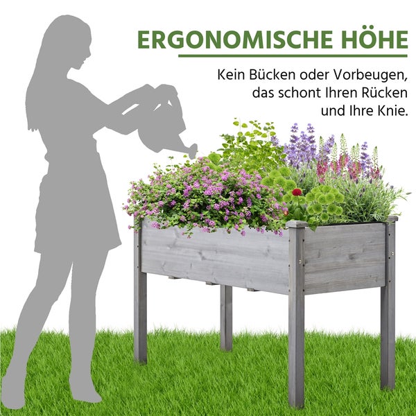 Hochbeet aus Holz mit verschiedenen Pflanzen und einer Silhouette einer Frau, die gießt